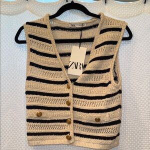 Zara Beige and Black Striped Knit Crop Top